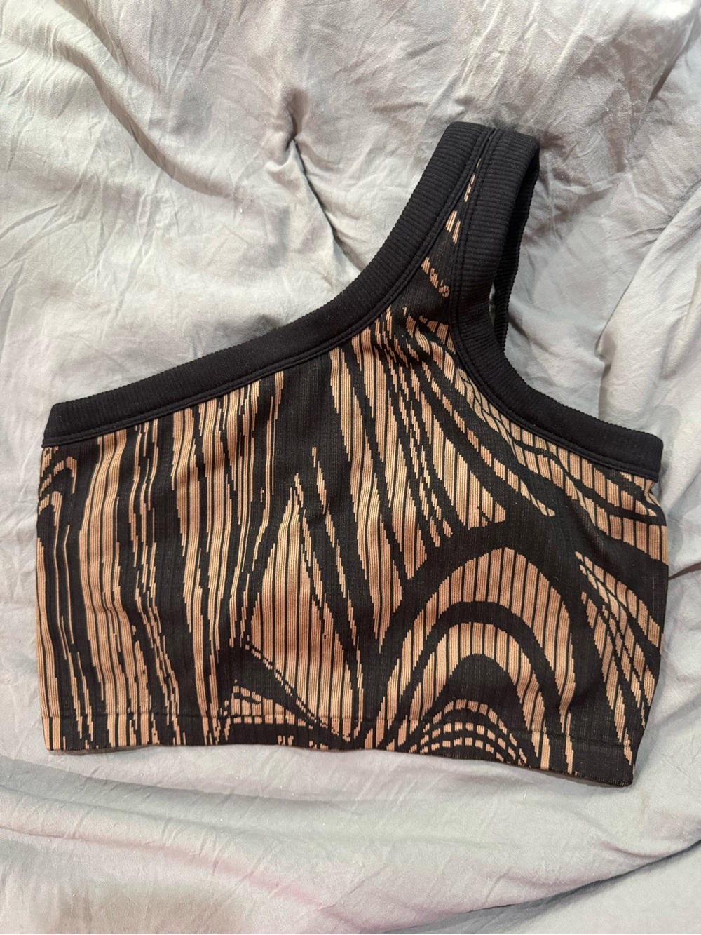 SAGE Asymmetrical One-Shoulder Ribbed Tank Top in Black and Tan